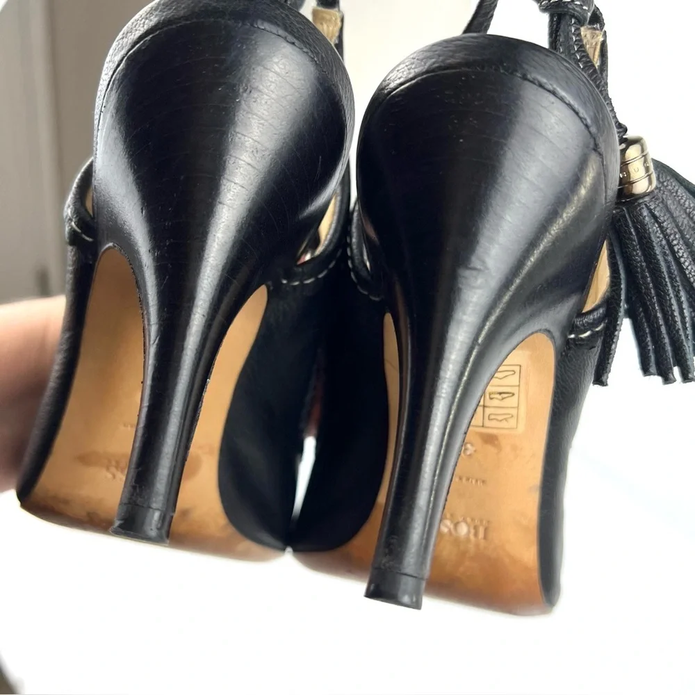 Hugo Boss Tassel Fringe Trim Leather Heels 39/8.0 Black Designer Quiet Luxury - Picture 12 of 17